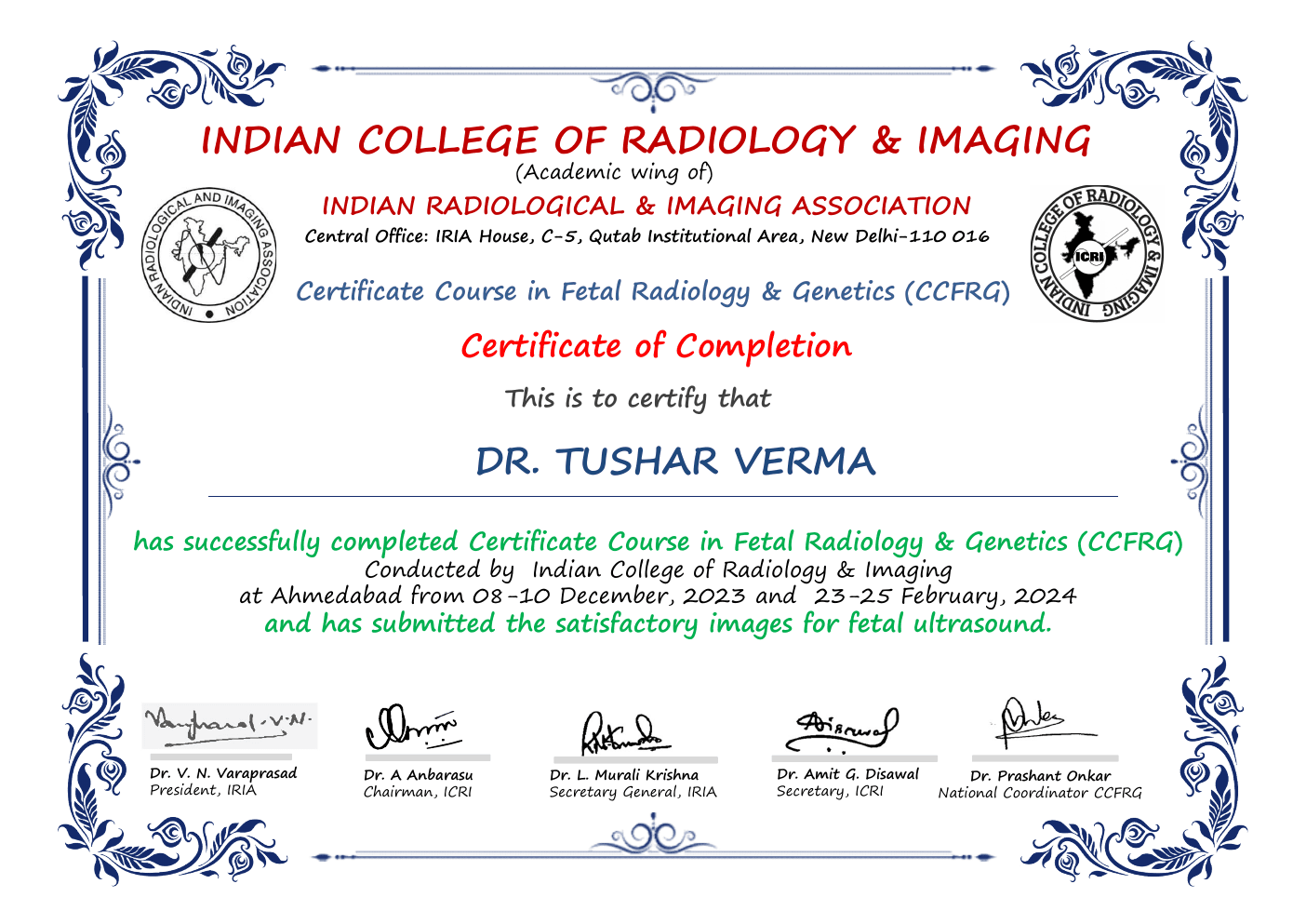 Certificate Course in Fetal Radiology & Genetics — Course completion